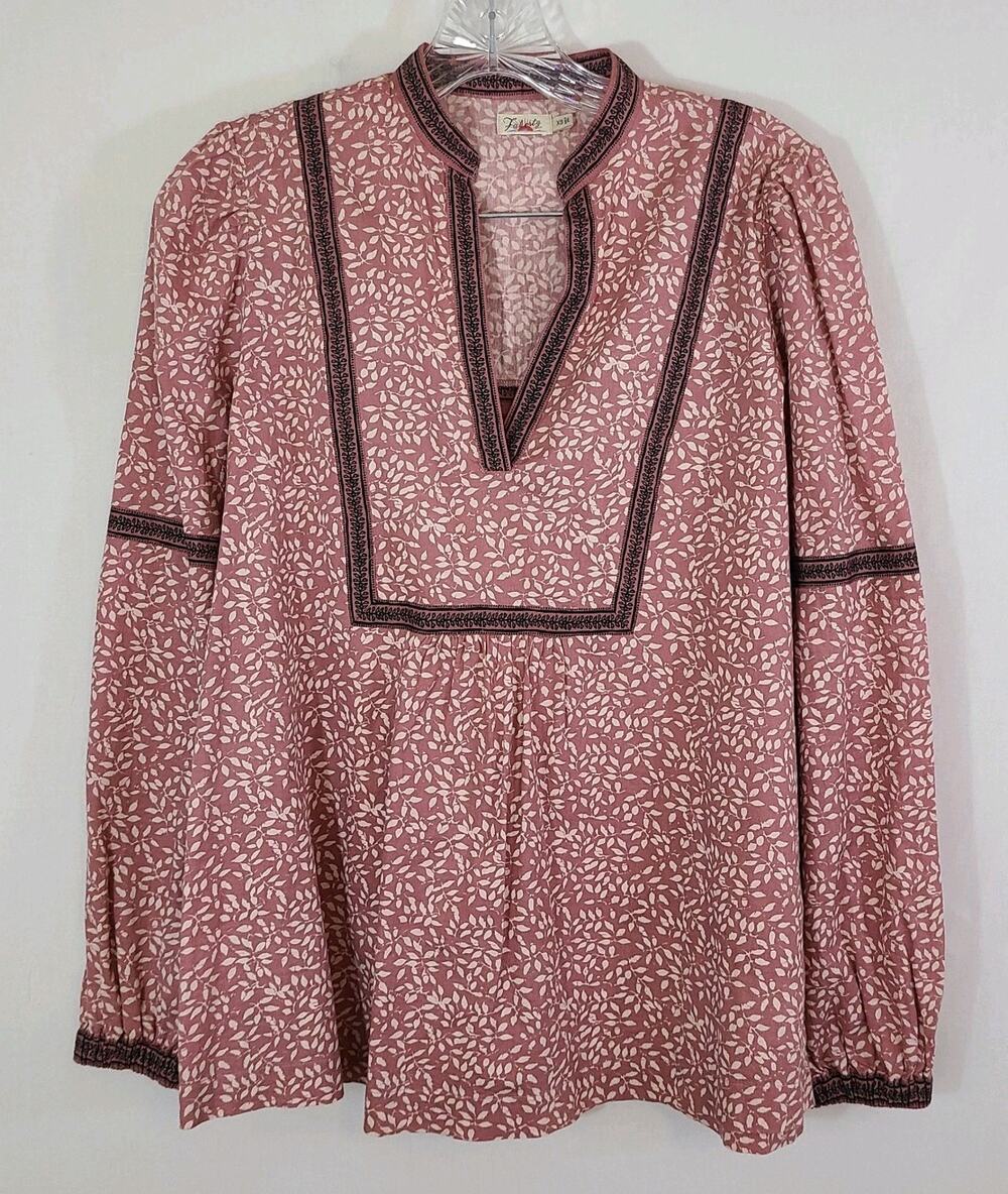 Faherty Aurora XS Leaf Print Peasant Top in Mauve Leaf Batik Boho Gypsy